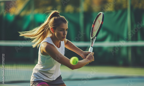 Young woman playing tennis at the tennis court, Generative AI
