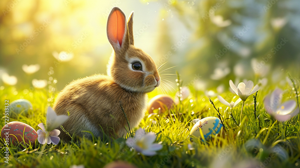 illustration of little brown bunny with colored easter eggs and blurred Easter background with copyspace