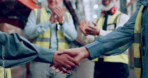 Wallpaper Mural Shaking hands, agreement and team with people in logistics, warehouse staff and distribution partnership. Supply chain, shipping and courier company, meeting with employee handshake and applause Torontodigital.ca