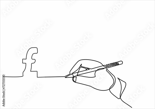Continuous line drawing. Hand with pen drawing pound sterling money. Vector illustration
