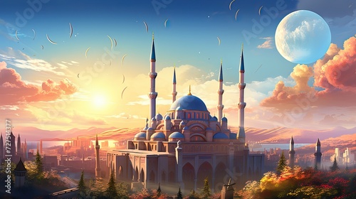 Ramadan Landscape With Mosques against sunny sky