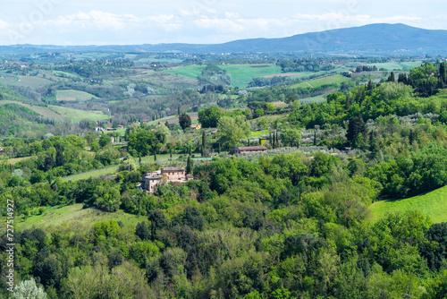 Panoramic beautiful rural landscape of Toscana. Green fields and meadows  countryside in Italy