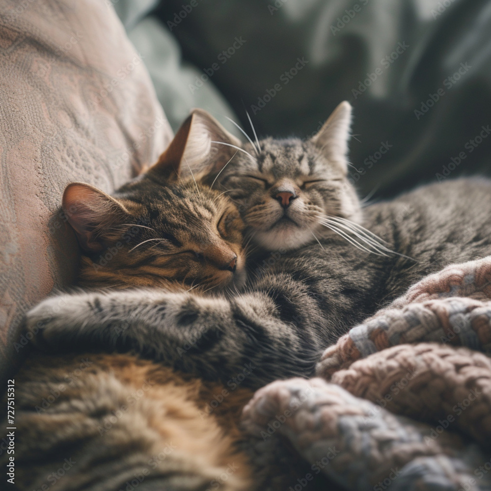 Sleeping cat on a cozy bed with a close-up view, showcasing the adorable white kitten peacefully resting on a pillow Sleeping cat on a cozy bed with a close-up view, showcasing the adorable white kitten peacefully resting on a pillow