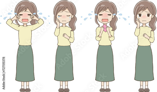 泣いているロングスカートの女性　ポーズ、表情いろいろ（全身）