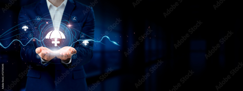 Businessman holding virtual Insurance Network Connection Icons. Coverage, Claims, Risk Mitigation in Internet Business and Social Network. - obrazy, fototapety, plakaty 