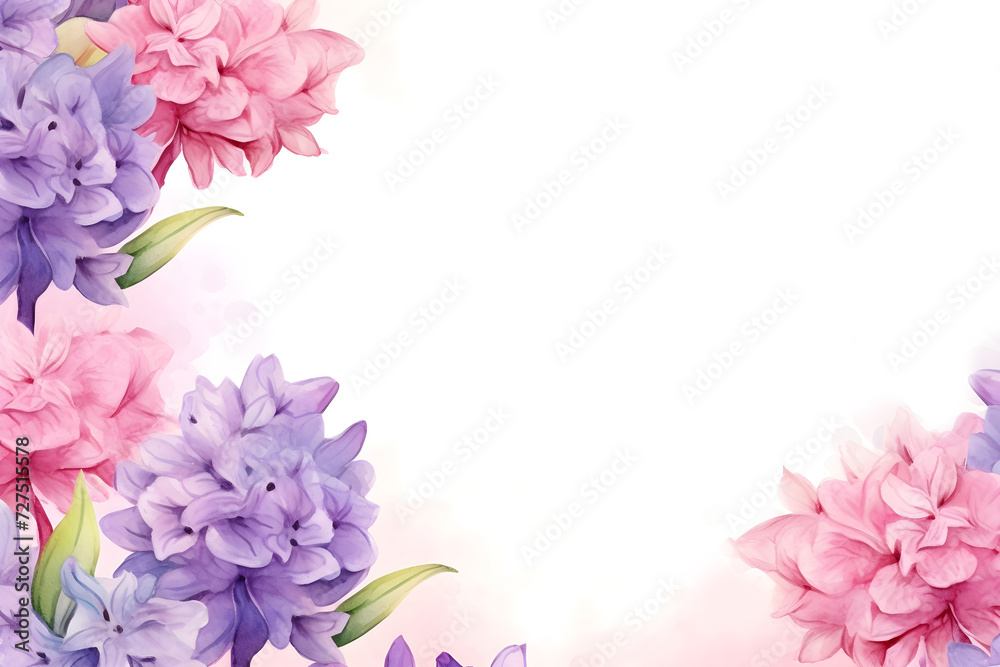 Watercolor white background with purple pink Hyacinth flower border frame illustration wallpaper art