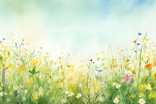Watercolor pastel soft wildflower meadow in blue sky background scene for wedding spring decoration