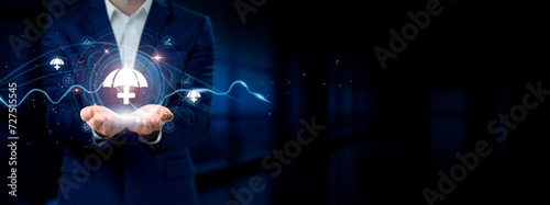 Businessman holding virtual Insurance Network Connection Icons. Coverage, Claims, Risk Mitigation in Internet Business and Social Network. photo