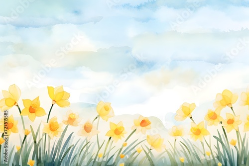 Watercolor soft yellow Daffodils meadow in blue sky background wallpaper art for spring illustration