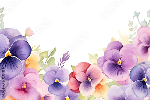 Watercolor soft Pansy frame template background with copy space for foliage nature flower decoration theme