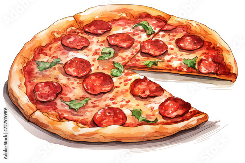 Delicious Italian Fast Food: Pepperoni Pizza Slice with Melting Mozzarella Cheese, Sausage, and Salami, Baked on a Tasty Tomato Sauce, Topped with Basil Leaves. A Closeup View on a Restaurant Table