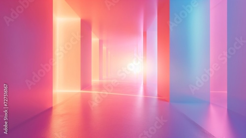 Colorful lights in indoor spaces with creative and minimal style. Abstract pink  orange  blue and purple colors gradient studio background for product presentation. 3d room with copy space.