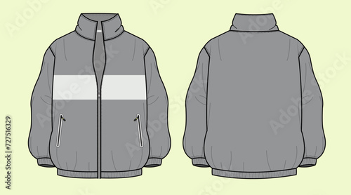 Men's Terry Fleece Athleisure Zip-Through Funnel Neck Sweatshirt Fashion Flat Sketch – Black and White Outline, Front and Back View Template Mock-up