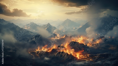small fire on top of mountains vast mountain range © paisorn