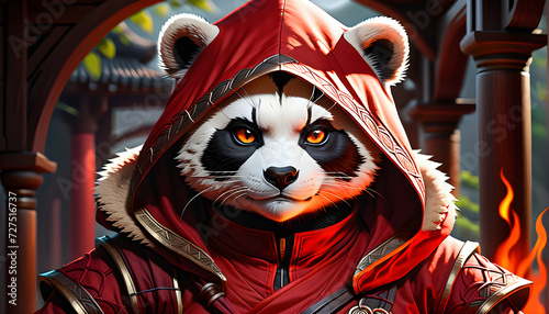 Prosperous Pandaren Ninja: Harmonizing Vibrant Attire and Mysterious Armament.(Generative AI) 