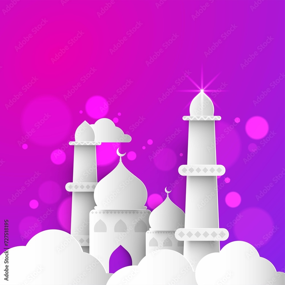 Creative Paper Mosque Clouds Shiny Purple Background Muslim Community Festivals Celebration