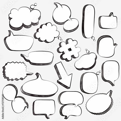 Set 3D Empty Comic Speech Bubbles Pop Art Design Collection Black White Vector Illustration