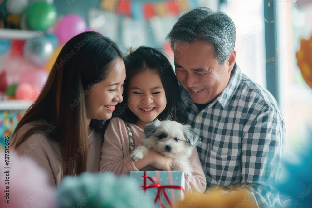 A joyful family moment as a mother, father, and daughter smile while introducing a fluffy new puppy as a birthday gift amidst colorful party decorations.
