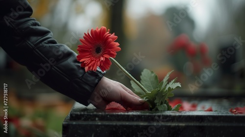 A person holding a red flower in a moment of sorrow over the loss of a loved one. A hand holding a red flower near a coffin paying its last respects.