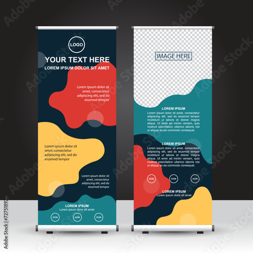 Dynamic abstract style Roll Up Banner template, standing banner, advertisement and display with dark greenish blue background. Vector Design