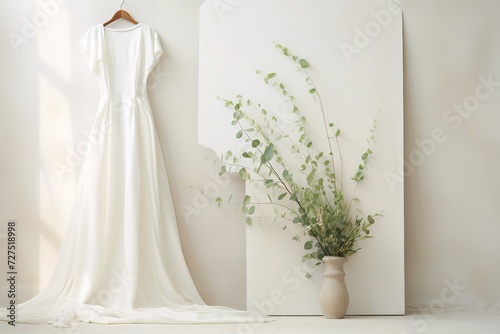 White dress and greenery decoration in a white vase on a white background