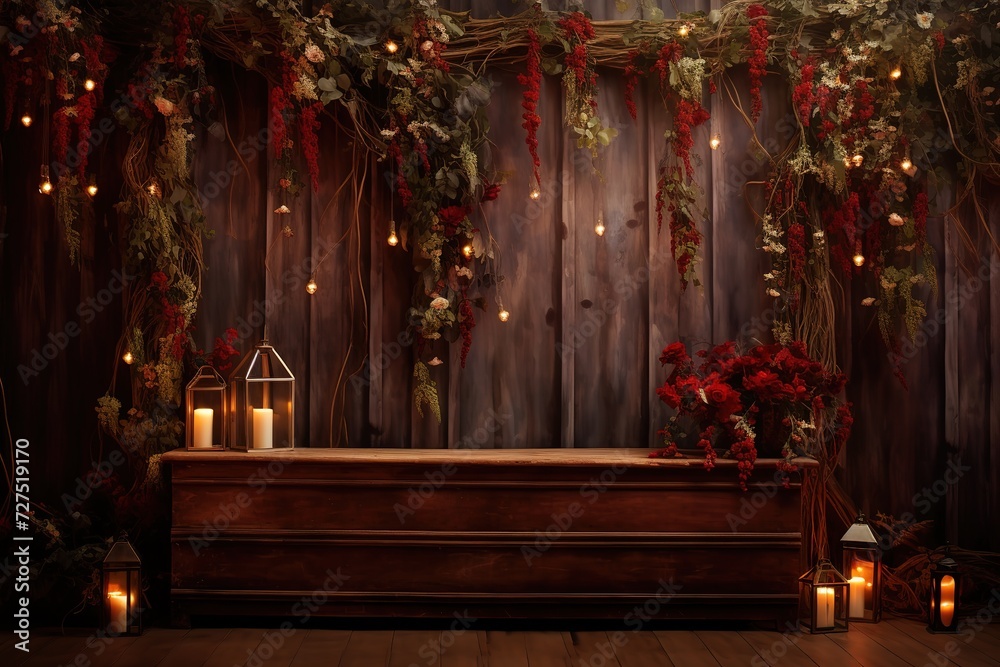 a background arrangement of lights, red flowers, candles, chairs. Christmas themed