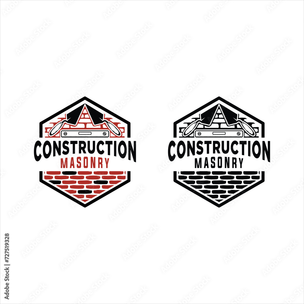 Emblem construction logo concept premium quality vector design with carpentry tools, bricks, hexagon design icon, construction logo,masonry ,masonry logo
