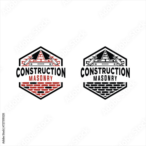Emblem construction logo concept premium quality vector design with carpentry tools, bricks, hexagon design icon, construction logo,masonry ,masonry logo