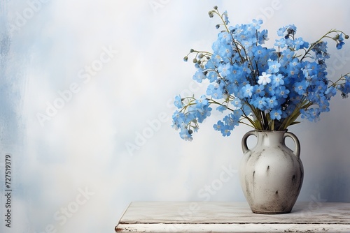 blue flowers in a gray-gray vase and empty space on the left