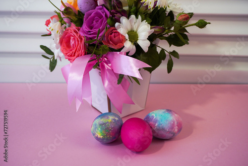 Happy easter! Flat Lay, postcard or Internet banner with Copy Space on Easter