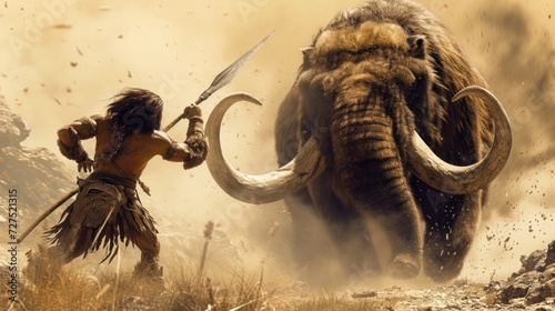 Hunting scene of primitive caveman attacking a giant mammoth in wild field. photo