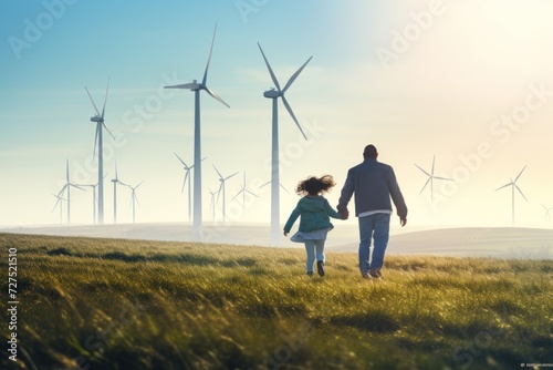 Happy face of a father and daughter with wind turbine. Concept for green renewable energy.