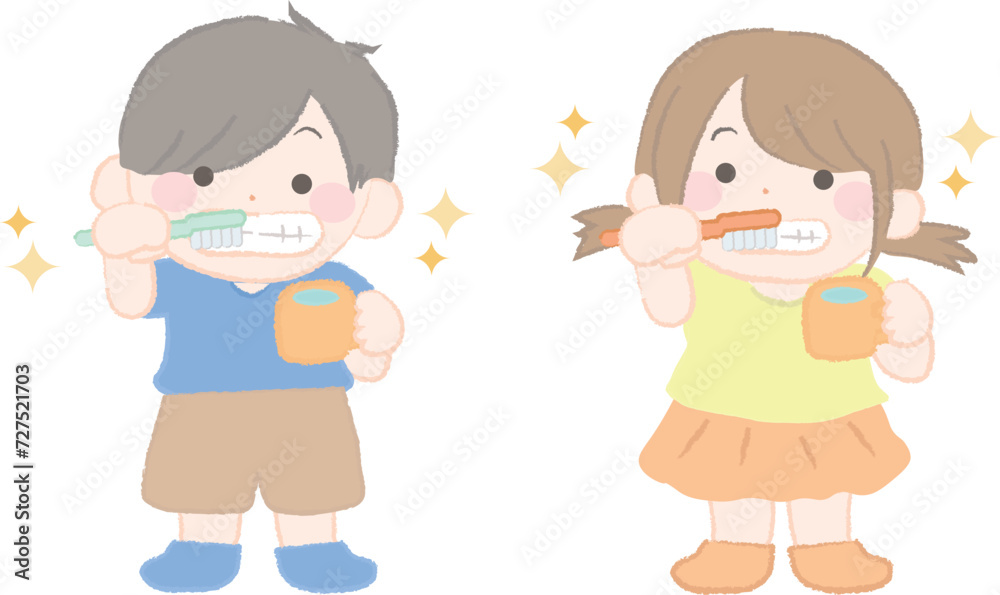 歯みがきをする男の子と女の子の子ども2-2