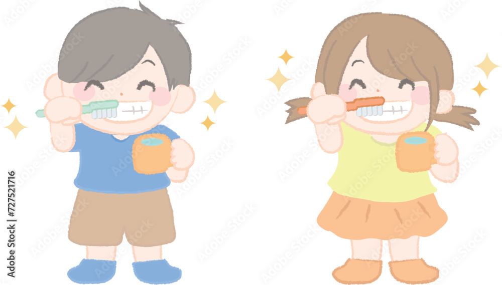 歯みがきをする男の子と女の子の子ども2-2