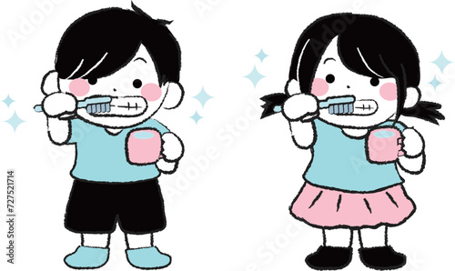 歯みがきをする男の子と女の子の子ども1-3