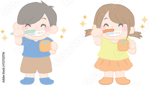 歯みがきをする男の子と女の子の子ども2-2