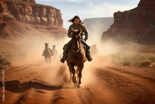Cowboy riding horse with landscape of American   s Wild West with desert sandstones.