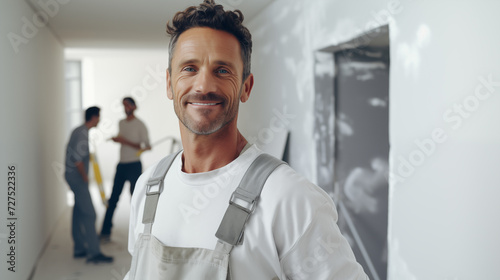 A man is a painter in renovation room, looking at the camera and smiling. In the background are repair works. Decoration and improvement living or office interior. High quality photo