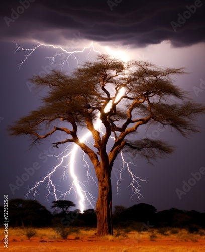 Bright lightning strike on a lonely tree in a thunderstorm at night.