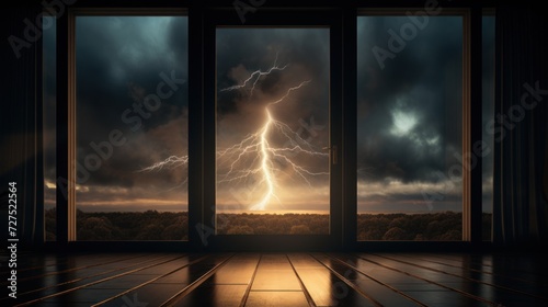 View from a large window a thunder storm with a bright lightning strike at night.