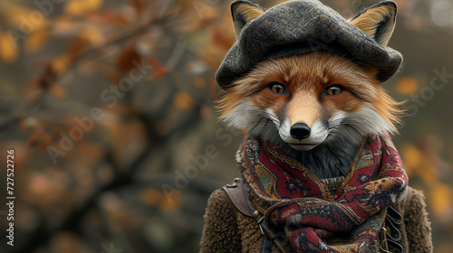 A fox in a bohemian scarf and beret, looking like a true artist.