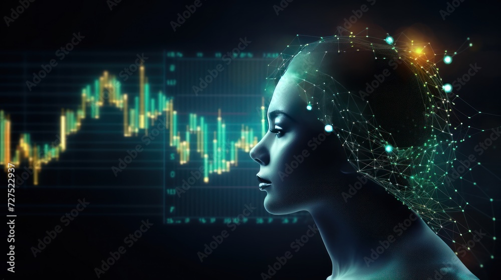 Obraz premium Human head with charts and diagrams analysis background. AI finance and investment theme concept.
