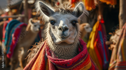 A llama in a colorful poncho, standing out in the crowd.