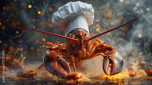 A lobster in a chef's hat, cooking up a storm in style.