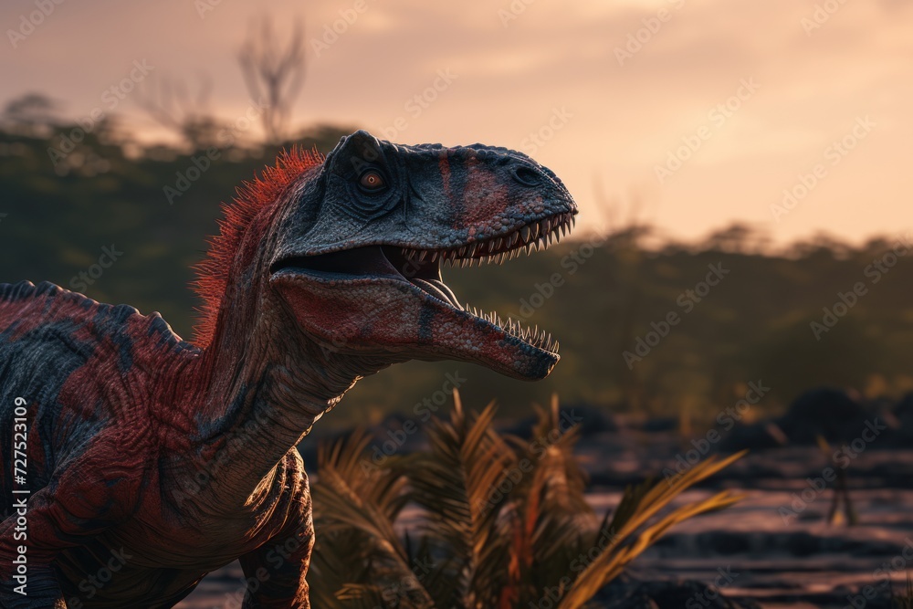 Fototapeta premium Dinosaur stands in prehistoric environment. Photorealistic.