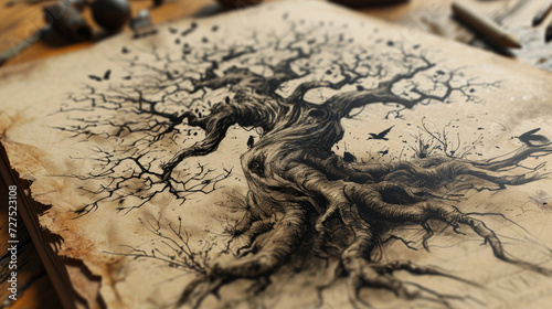 Illustration of an old tree, on old paper