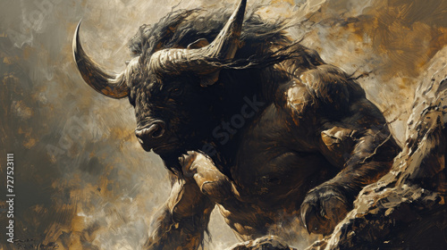 Illustration of an angry bull with big horns and a human torso photo