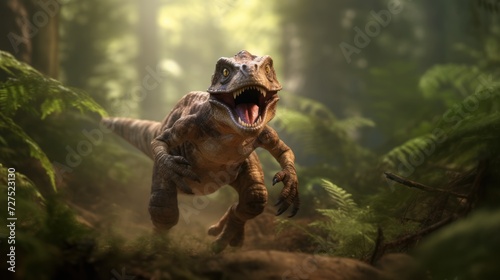 Cute baby dinosaur in prehistoric forest. Photorealistic. © Joyce