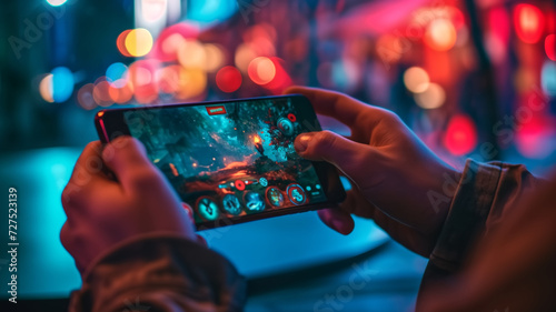 Young man playing video games on mobile phone in the city at night