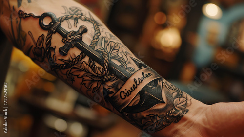 A tattoo on the arm with anchors and writings